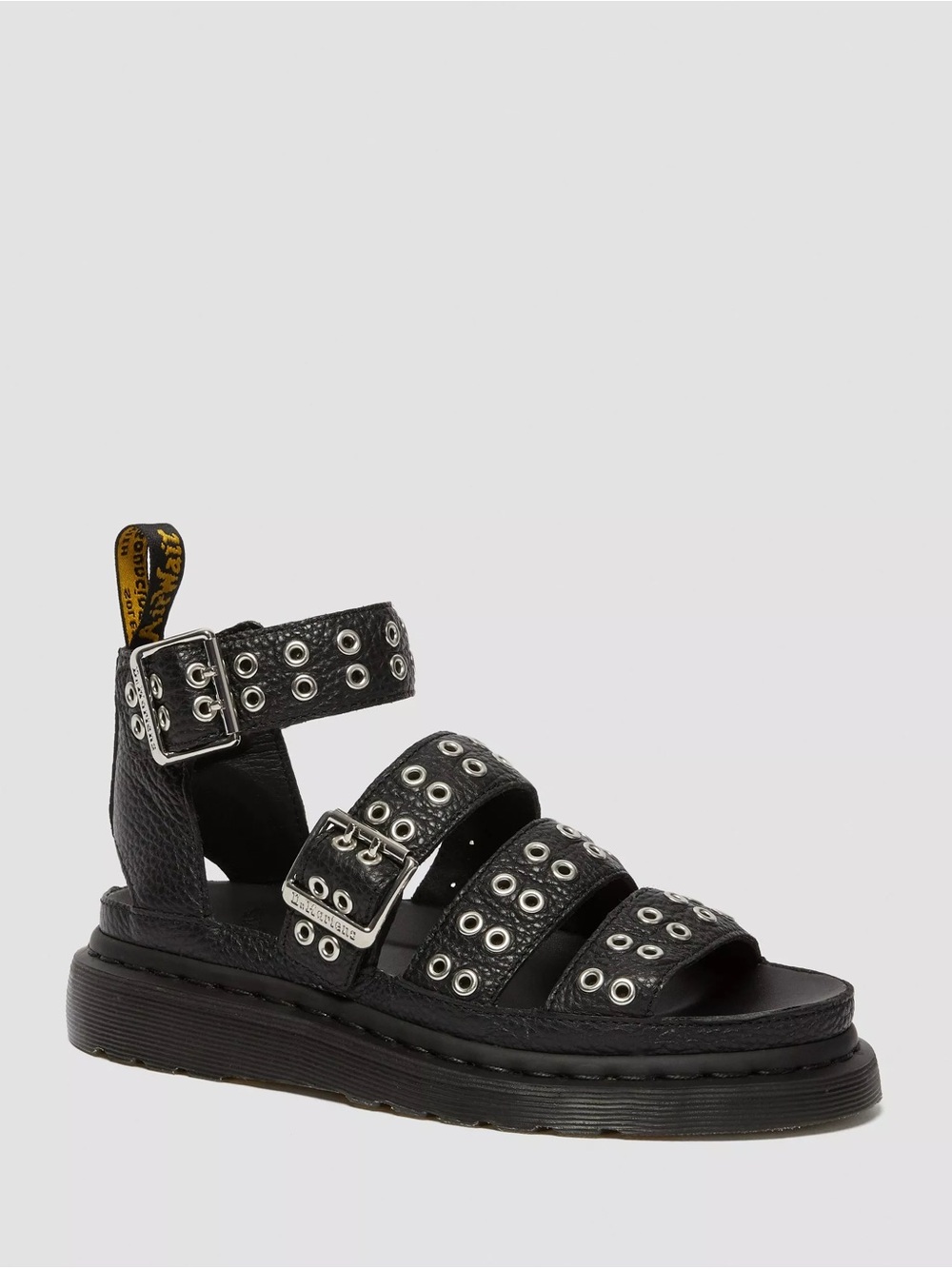 Dr. Martens Clarissa II Black Leather Grommet Triple-Strap Sandal
